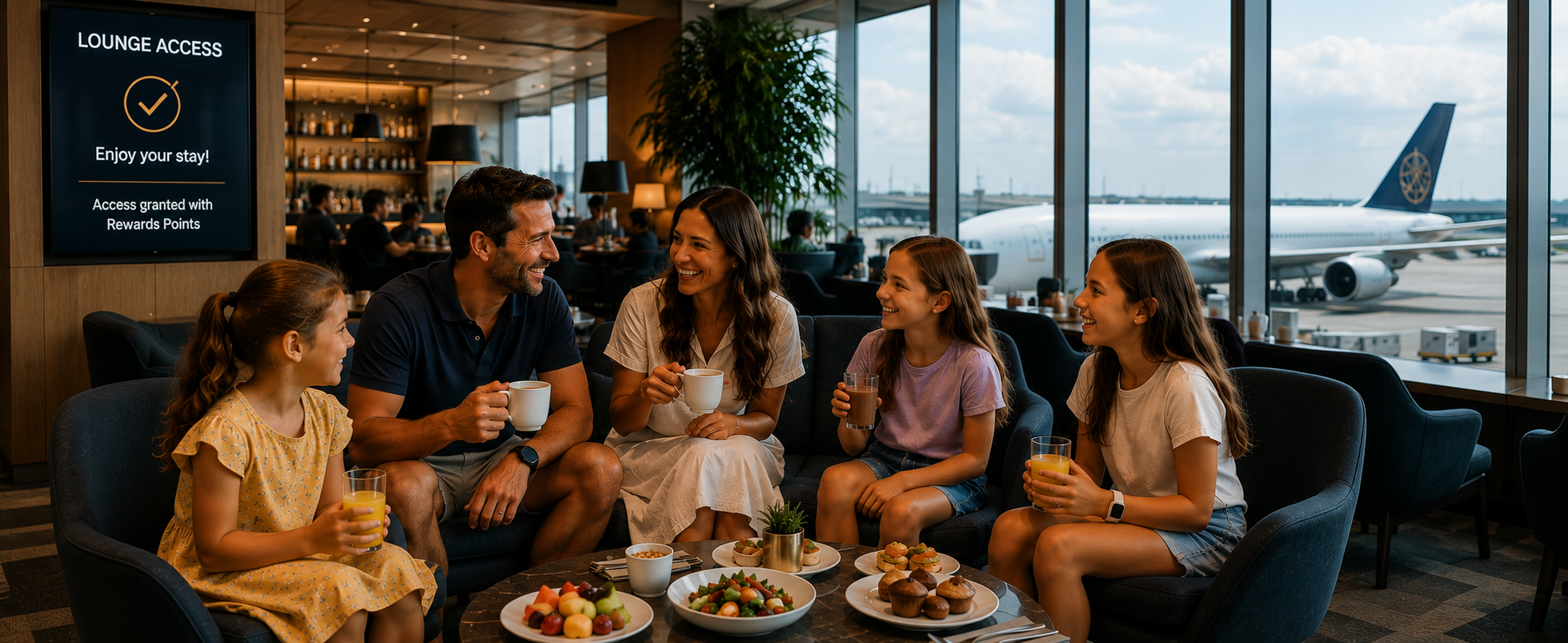 Family enjoying airport lounge perks on rewards points